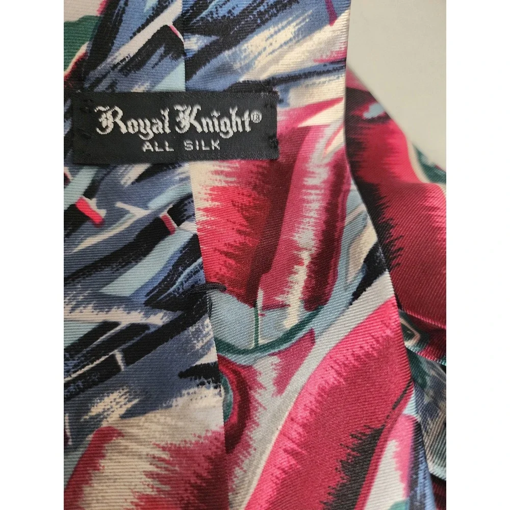 Royal Knight Mens Silk Tie Abstract Tropical Floral Blue Pink Teal Vintage Style